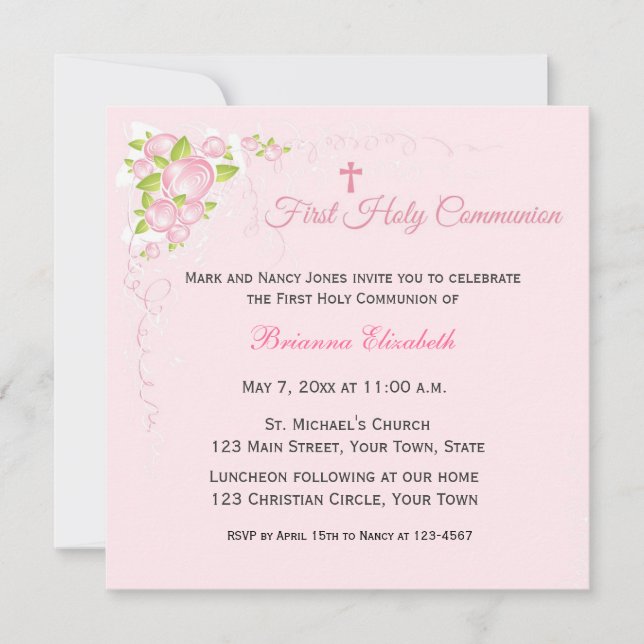 Pink Rose Bouquet First Communion Invitation (Front)