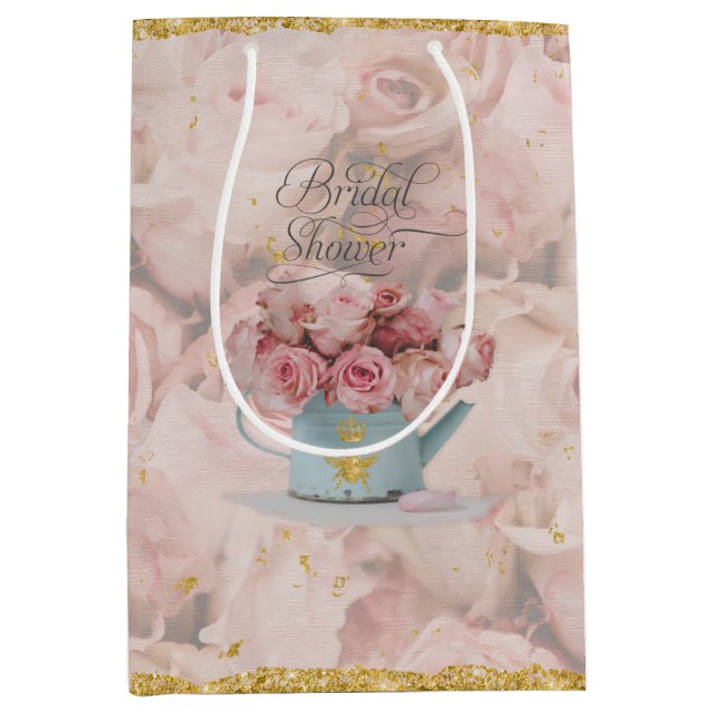Pink Rose Bouquet Gold Bee Crown Blue Teapot Bride Medium Gift Bag (Front)