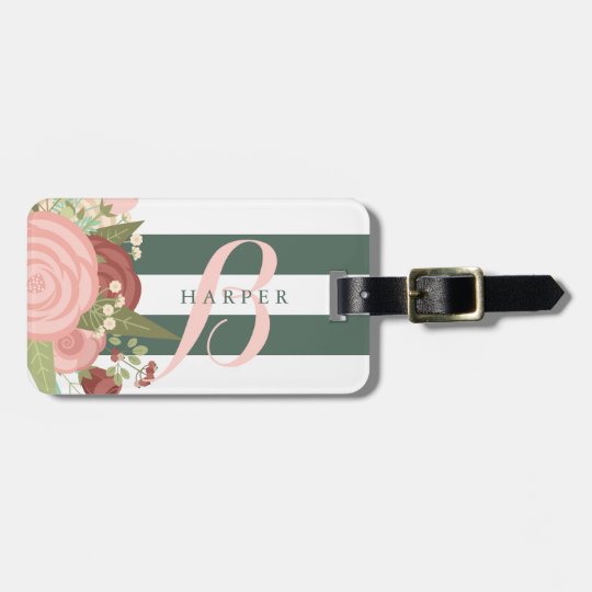Pink Rose Bouquet & Green Stripes Custom Name Luggage Tag