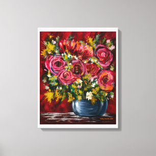 Pink Rose Bouquet in Blue Vase Canvas Wall Art