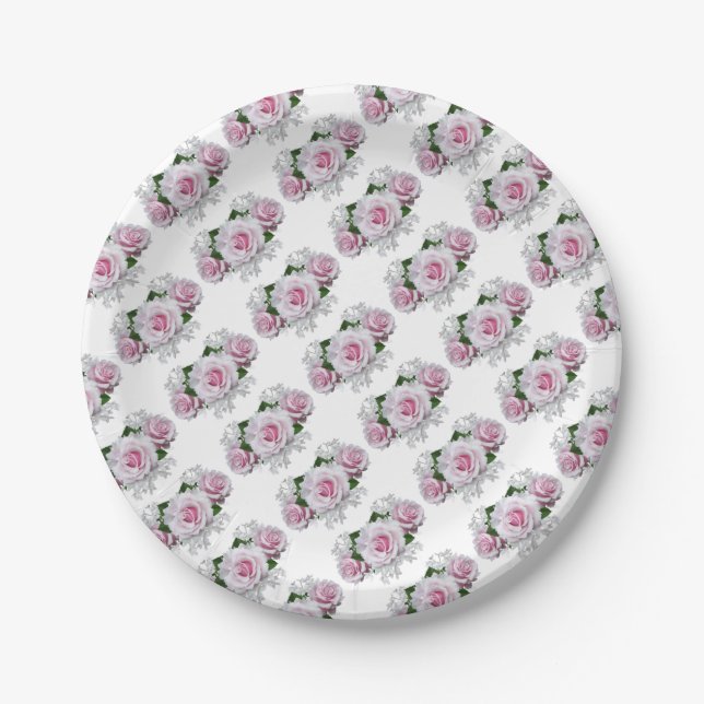 Pink Rose Bouquet Paper Plate (Front)