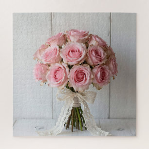 Pink Rose Bouquet Pearl Lace Romantic Jigsaw Puzzle