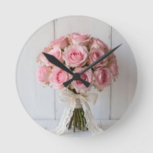 Pink Rose Bouquet Pearl Lace Romantic Round Clock