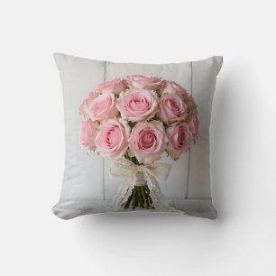 Pink Rose Bouquet Pearl Lace Romantic Throw Pillow
