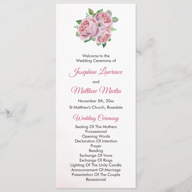 Pink Rose Bouquet Wedding Ceremony Program (Front)