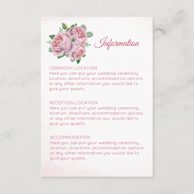 Pink Rose Bouquet Wedding Information Cards (Front)
