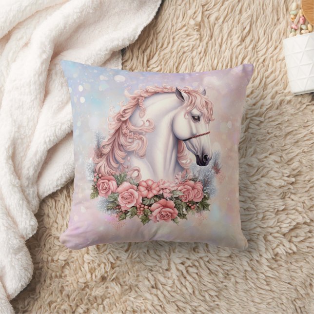 Pink Rose Bouquet White Horse Fantasy Kids Throw Pillow (Blanket)
