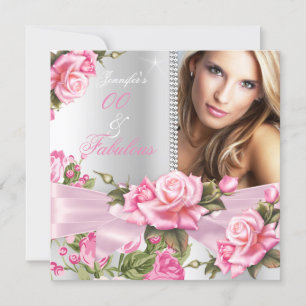 Pink Rose Bow Photo Fabulous Silver Birthday Invitation