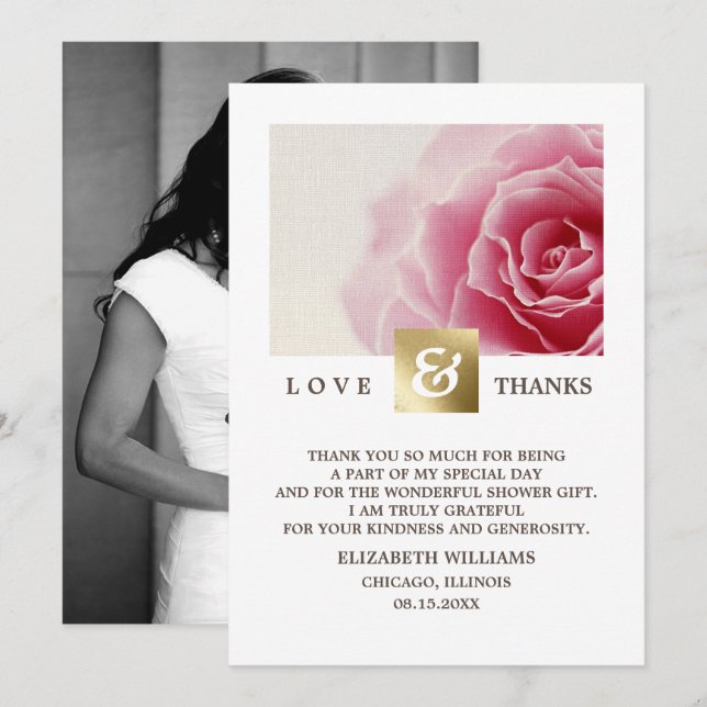 Pink Rose Bridal Shower Thank You Photo Cards (Front/Back)