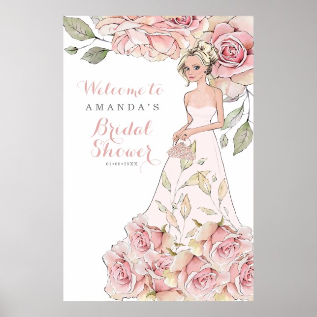 Pink Rose Bride Bridal Shower Welcome Poster (Front)