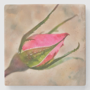 Pink Rose Bud Flower Art Marble Stone Coaster