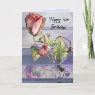 Pink Rose bud flower & purple Folded Birthday Card