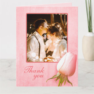 Pink rose bud wedding large photo thank you card