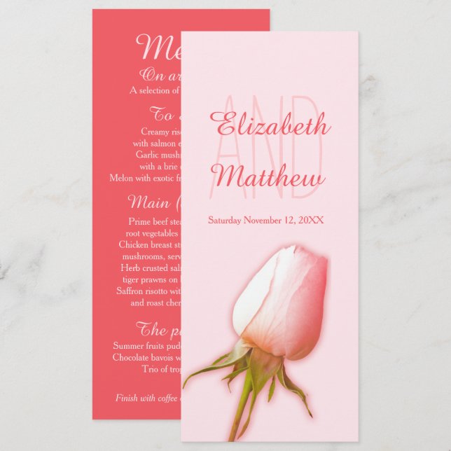 Pink rose bud wedding reception dinner menu invitation (Front/Back)