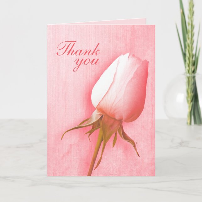 Pink rose bud wedding thank you card (Front)