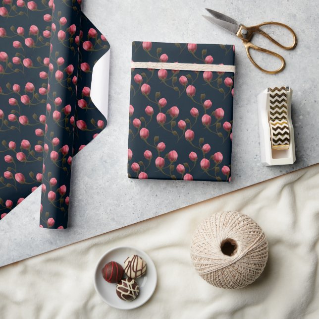 Pink rose buds on dark blue background  wrapping paper (Crafts)