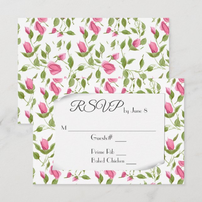 Pink Rose Buds On White Wedding RSVP (Front/Back)