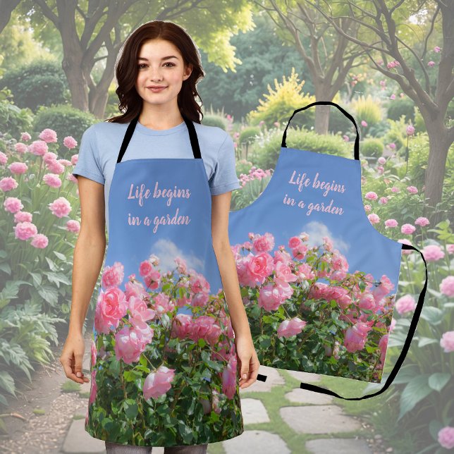 Pink rose bush under blue sky, custom  apron (Creator Uploaded)