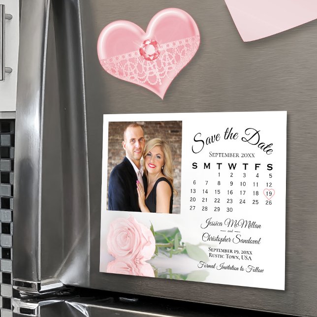 Pink Rose Calendar & Photo Save the Date Magnet (Convenient magnetic back)