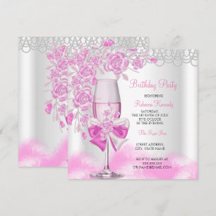 Pink Rose Champagne White Birthday Party Invitation