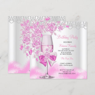 Pink Rose Champagne White Birthday Party Invitation