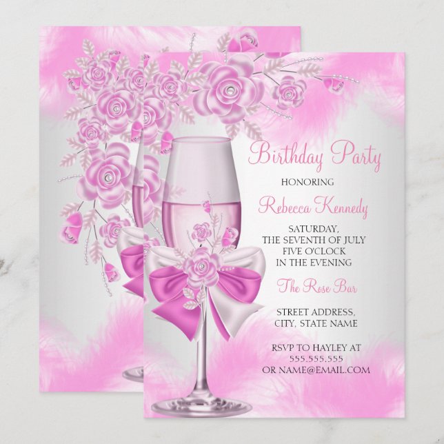 Pink Rose Champagne White Floral Party Invitation (Front/Back)
