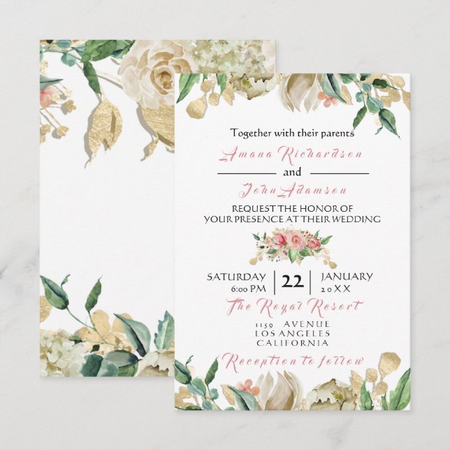Pink Rose Champaigne Gold Floral Roses Wedding Invitation (Front/Back)