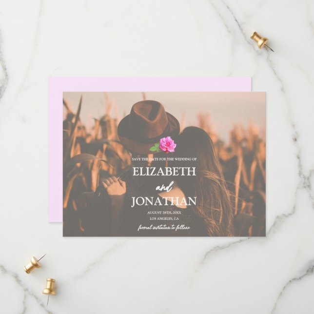 Pink Rose Classic Minimalist Wedding Save The Date (Front/Back In Situ)
