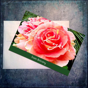 Pink rose close-up photo custom name thank you card