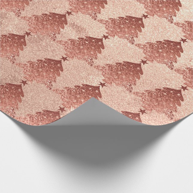 Pink Rose Copper Gold Blush Christmas Tree Wrapping Paper (Corner)