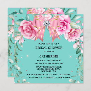 Pink rose country chic glitter bow teal glam invitation
