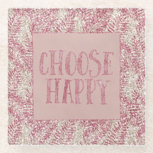 Pink Rose Cream Glitter Glitz Tropical Leaves   Glass Coaster (Front)