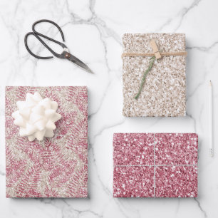 Pink Rose Cream Glitter Glitz Tropical Leaves Wrapping Paper Sheet