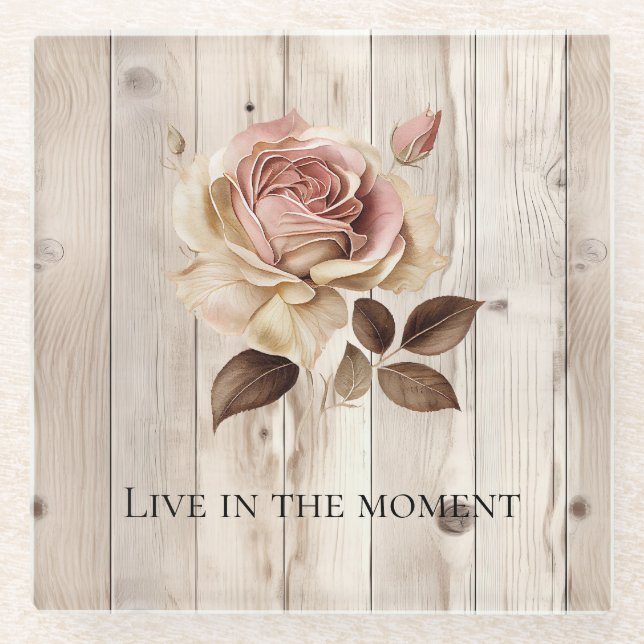 Pink Rose Cream White Faux Wood  Glass Coaster (Front)