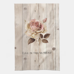 Pink Rose Cream White Faux Wood  Kitchen Towel