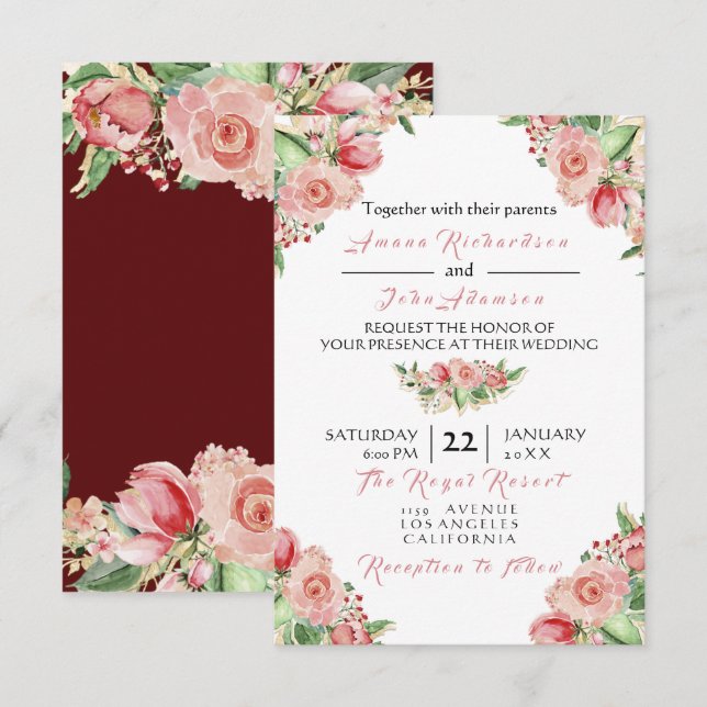 Pink Rose Creamy Marsala Floral Roses Wedding Invitation (Front/Back)