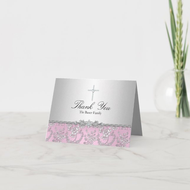 Pink Rose & Cross Baptism Thank You Card (Front)