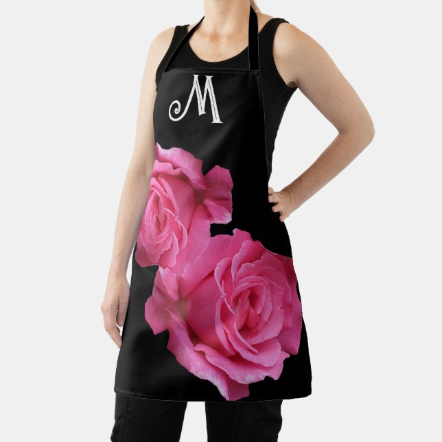 Pink rose customizable M monogram floral boho fun Apron (Insitu)