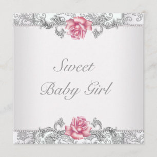 Pink Rose Damask Baby Girl Shower Invitation