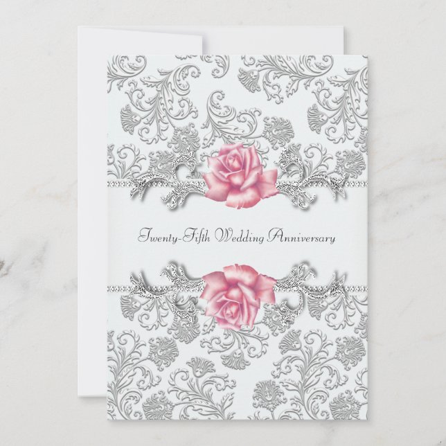 Pink Rose Damask Silver 25th Wedding Anniversary Invitation (Front)
