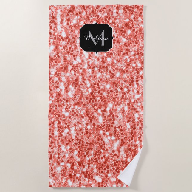 Pink rose dark coral glitter sparkles Monogram Beach Towel (Front)