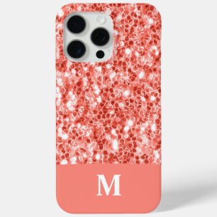 Pink rose dark coral glitter sparkles Monogram iPhone 15 Pro Max Case