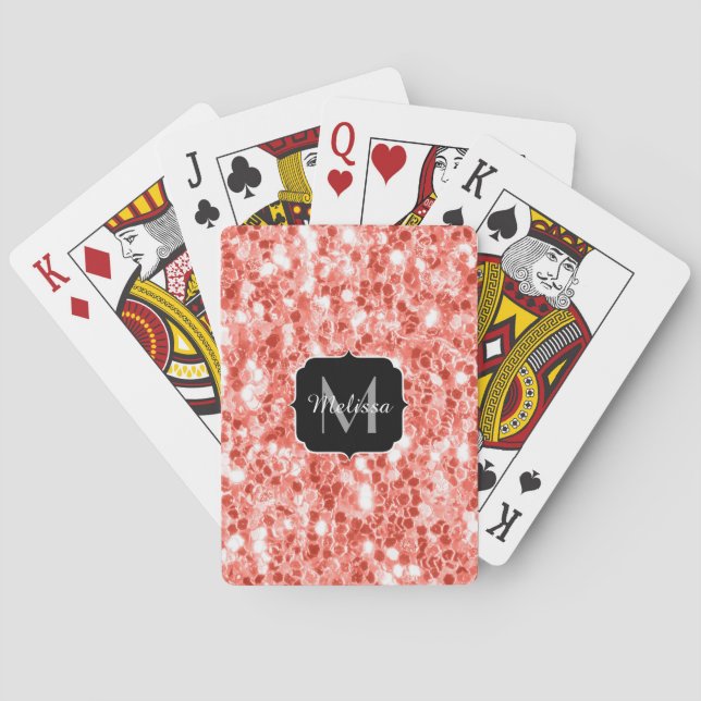 Pink rose dark coral glitter sparkles Monogram Playing Cards (Back)