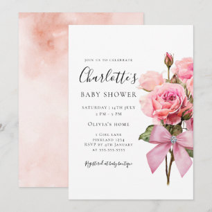 Pink Rose Diamond Bow Girl Baby Shower Invitation