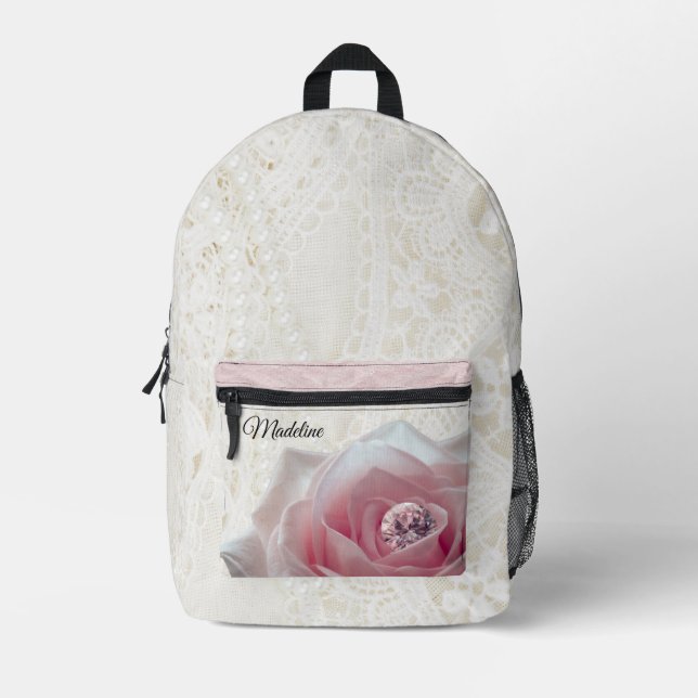Pink Rose & Diamond on Lace Printed Backpack (Front)