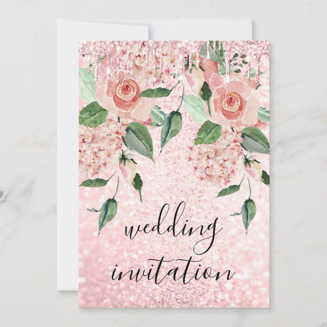 Pink Rose Drips Glitter Floral Mint Green Wedding Invitation (Front)