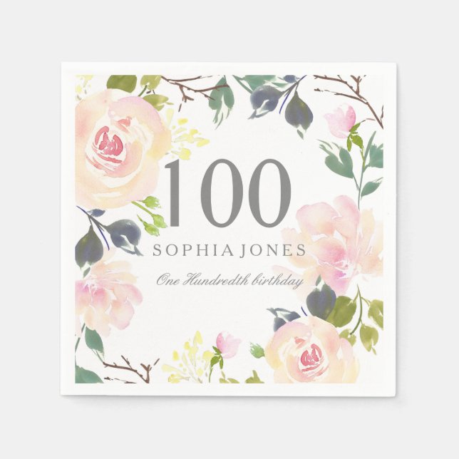 Pink Rose Elegant 100th Birthday Party Napkin (Front)