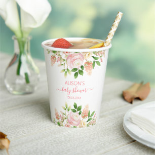 Pink Rose Elegant Floral Girl Baby Shower Paper Cups