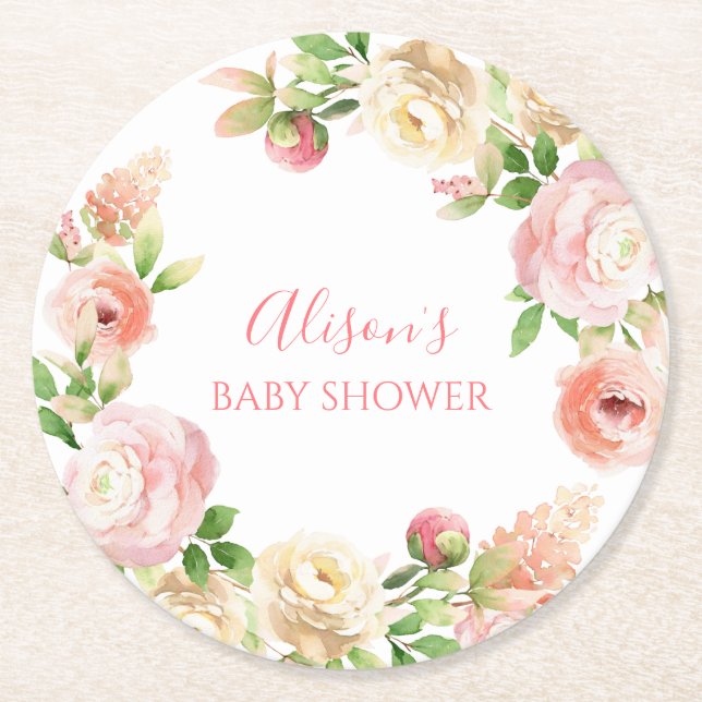 Pink Rose Elegant Floral Girl Baby Shower Round Paper Coaster (Front)