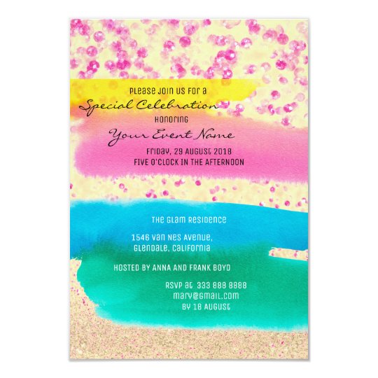 Pink Rose Emerald Blue Rainbow Sparkly Party Card